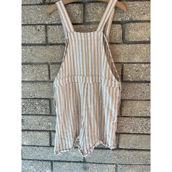 Striped Beige & White Hollister Overall Romper With Buttons & Pockets Size M - Picture 6 of 7